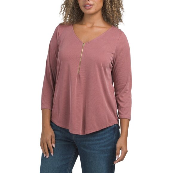 GREEN ENVELOPE Terracotta Quarter Sleeve Top With Front Zipper - Picture 1 of 2